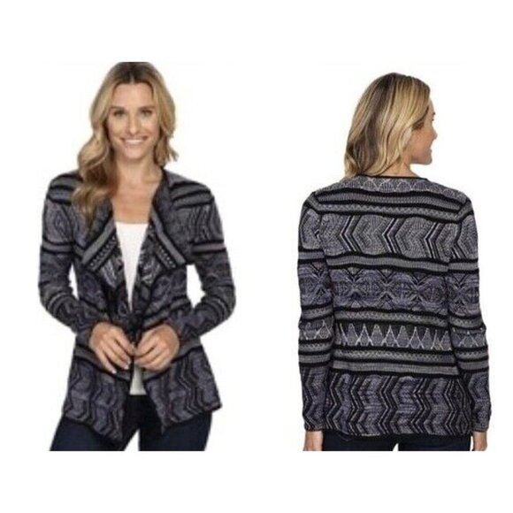 Lucky Brand Lotus Sz S Blue Aztec Open Front Draped Knit Sweater Cardigan Women - Picture 6 of 8